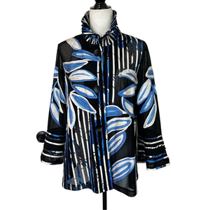 Joseph Ribkoff Tropical Blue White Ribbon Floral Sheer Mesh Jacket M Funnel Neck